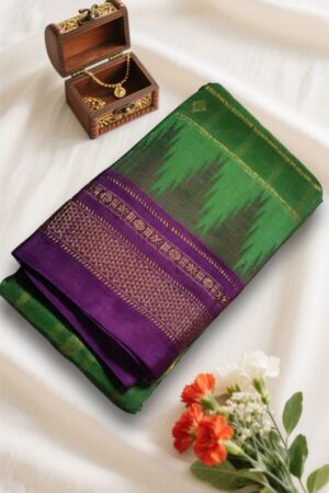 Green Temple Border Zari Checks Saree