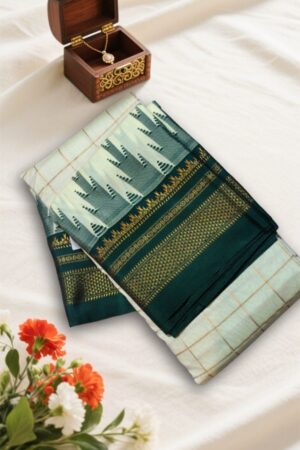 White Traditional Ilkal Jari Checks Saree with Temple Border