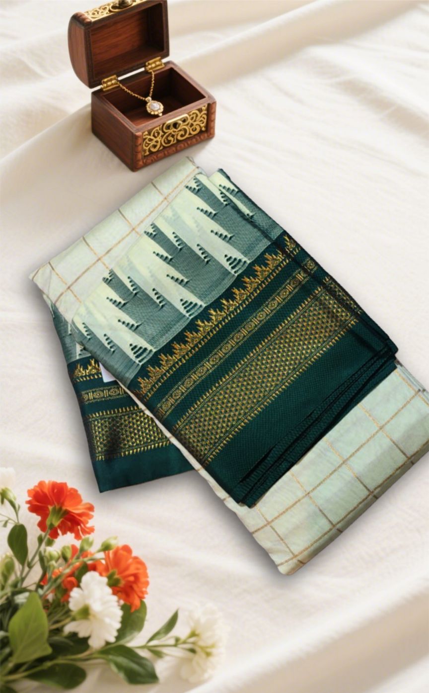 White Traditional Ilkal Jari Checks Saree with Temple Border