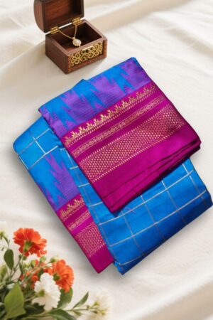 Sky Blue And Pink Traditional Ilkal Jari Checks Saree with Temple Border