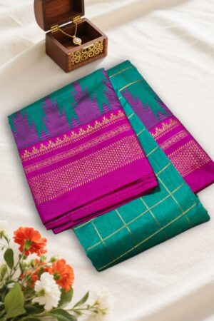 Firozi Traditional Ilkal Jari Checks Saree with Temple Border