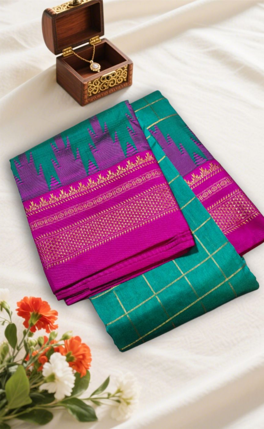Firozi Traditional Ilkal Jari Checks Saree with Temple Border