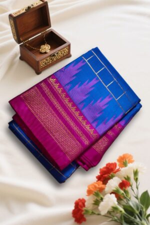 Blue Traditional Ilkal Jari Checks Saree with Temple Border