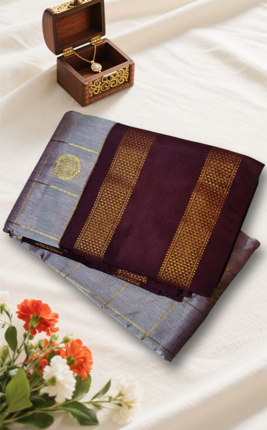 Silver Pure Zari Butta Ilkal Silk Saree