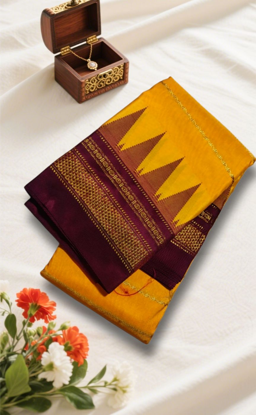 Yellow Rudrakshi Border Ilkal Saree with Vertical Jeri Lines