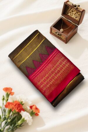 Rudrakshi Border Ilkal Saree with Vertical Jeri Lines