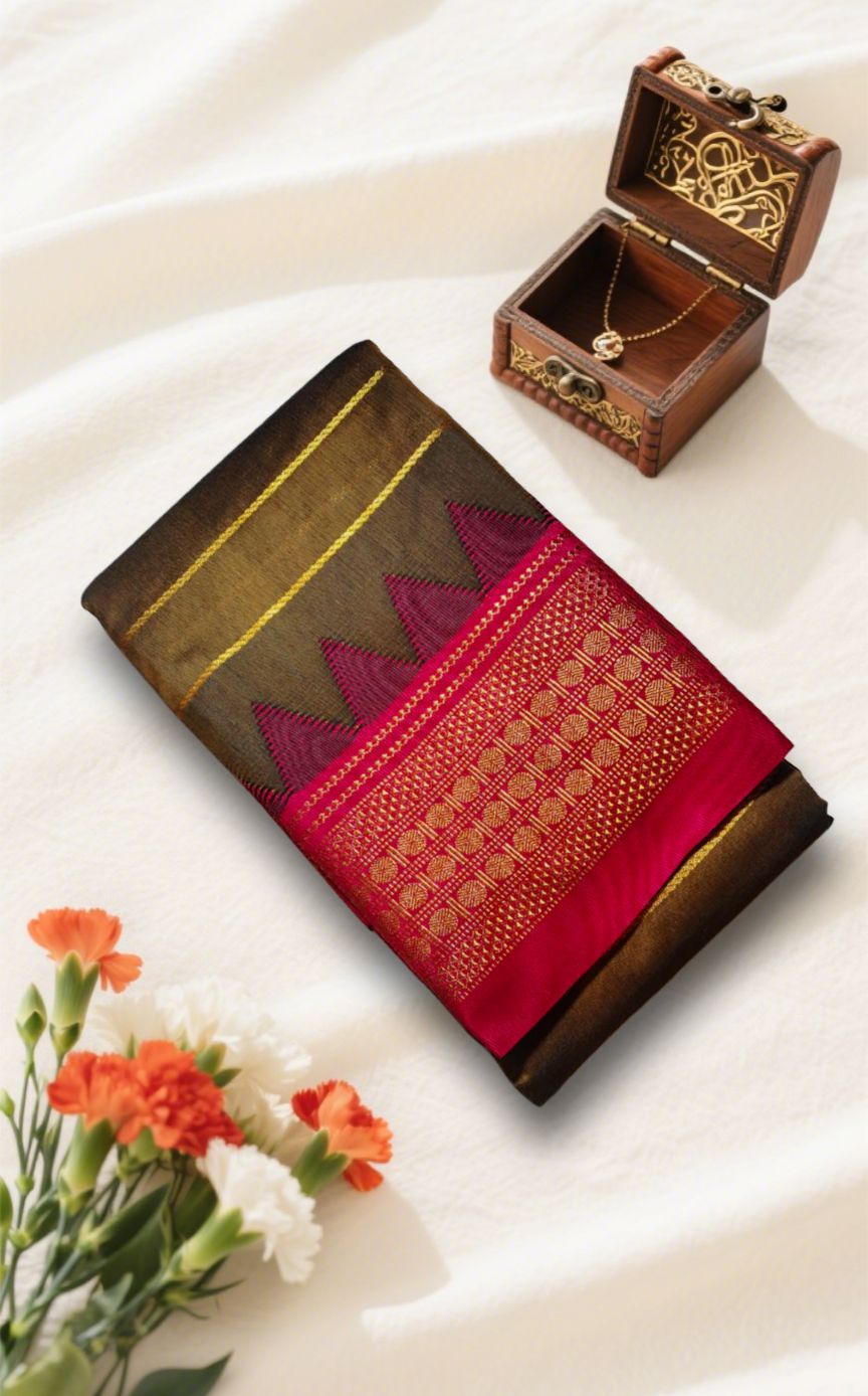 Rudrakshi Border Ilkal Saree with Vertical Jeri Lines