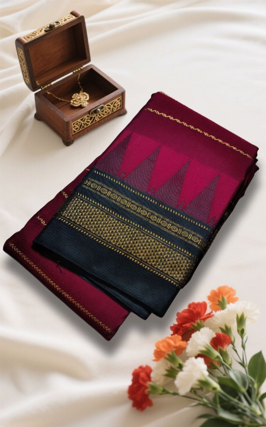 Deep Red Rudrakshi Border Ilkal Saree with Vertical Jeri Lines
