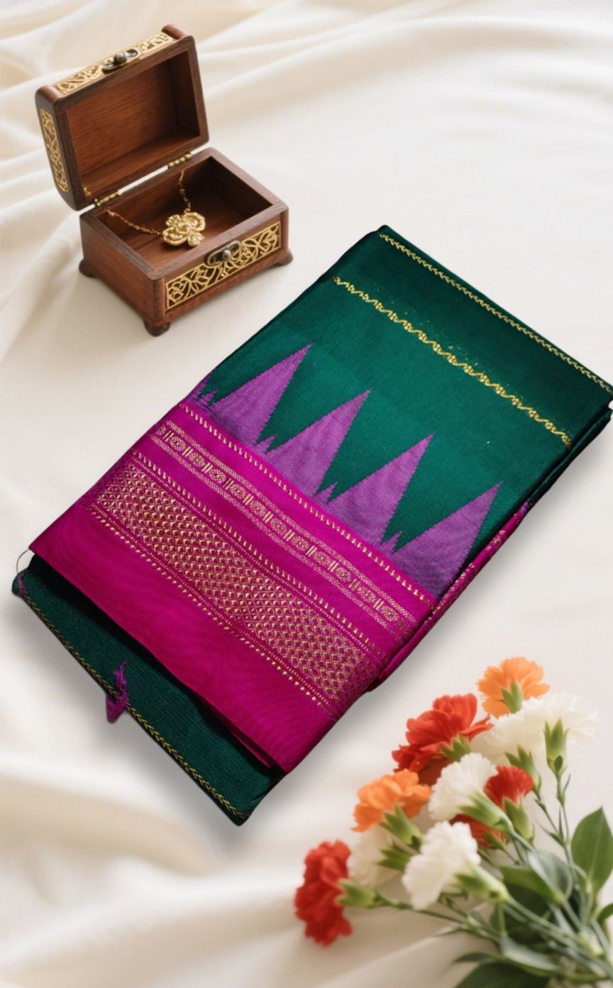 Dark Green Rudrakshi Border Ilkal Saree with Vertical Jeri Lines