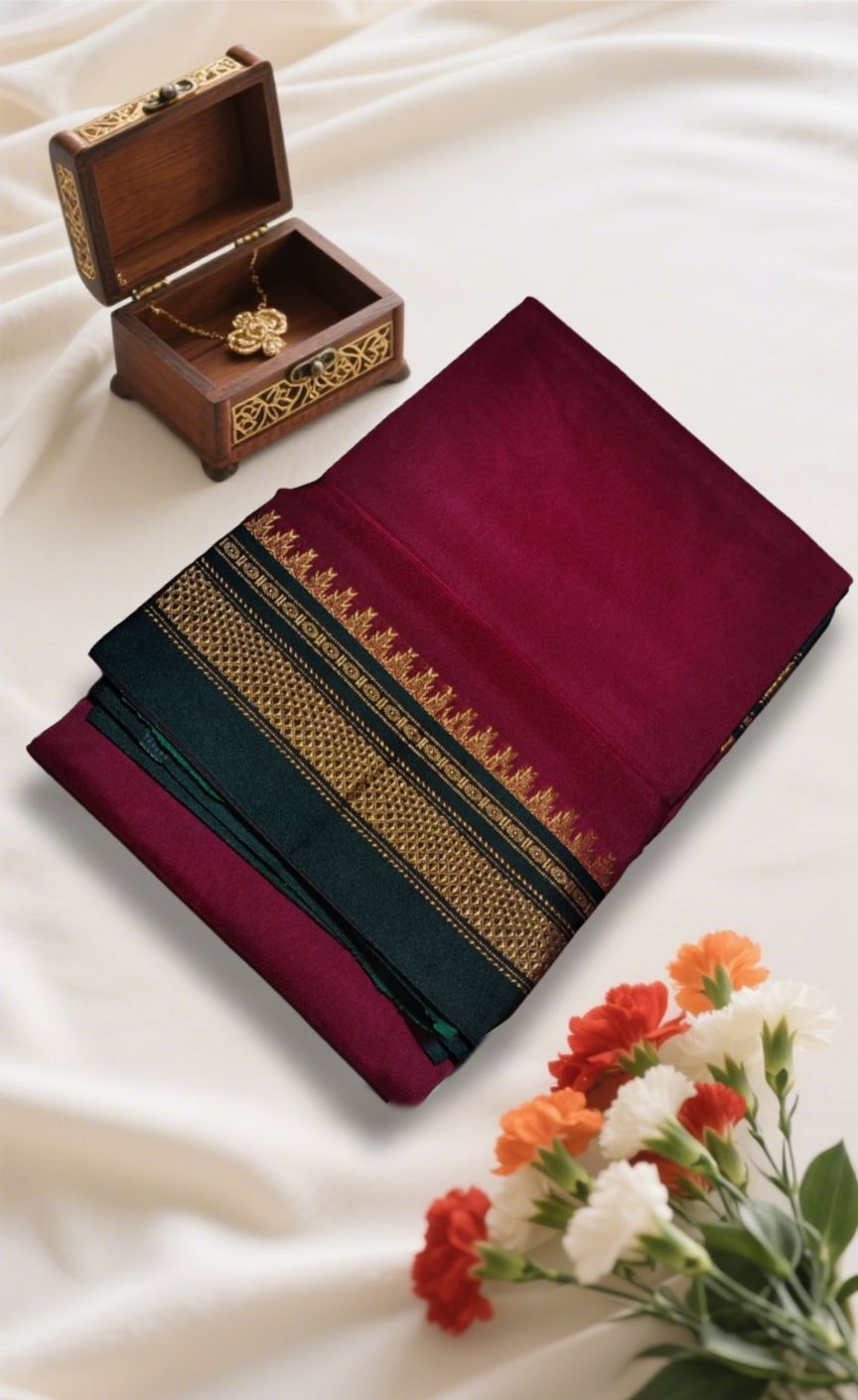 Deep Red and Green Tana Warp Ilkal Saree | ikatra