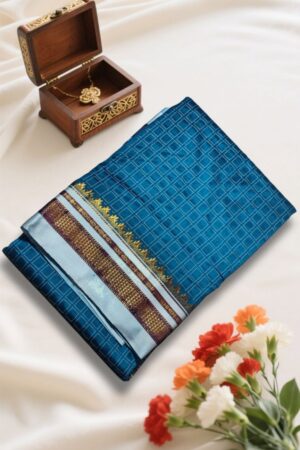 Teal Blue Ilkal Saree with Zari Checks and Chikki Paras Border