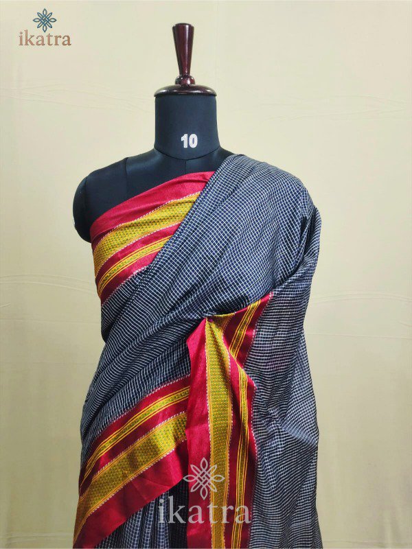 Gray checks Tradional Ilkal Saree With Chikki Paras Border | ikatra - Image 2