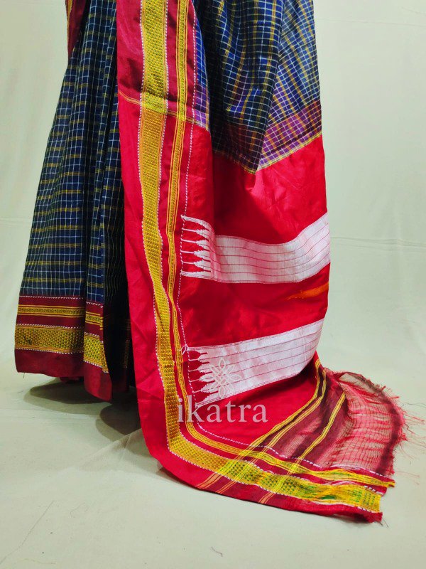 Blue And Red Yellow lines Tradional Ilkal Saree With Chikki Paras Border | ikatra - Image 3