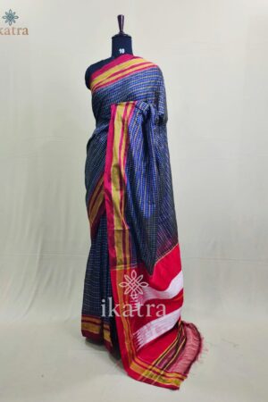 Blue And Red Yellow lines Tradional Ilkal Saree With Chikki Paras Border | ikatra