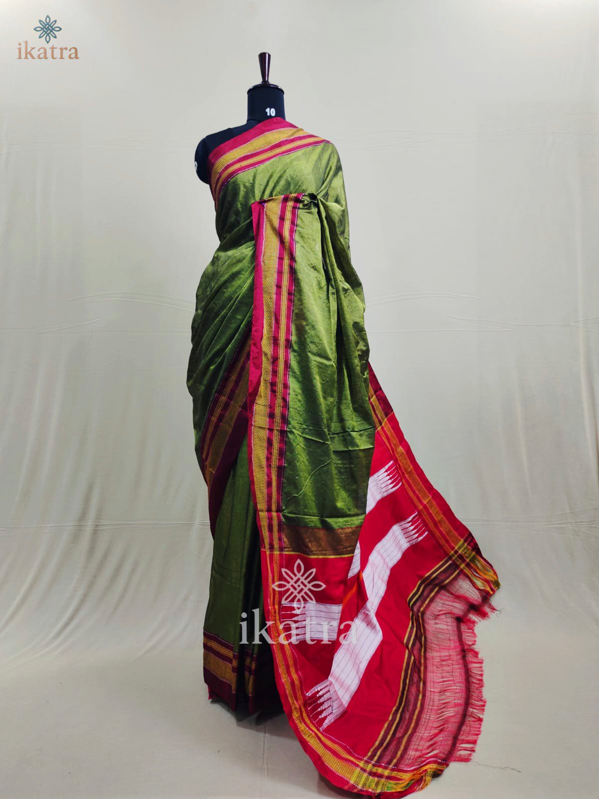 Red and Green Mix Tradional Ilkal Saree With Chikki Paras Border | ikatra