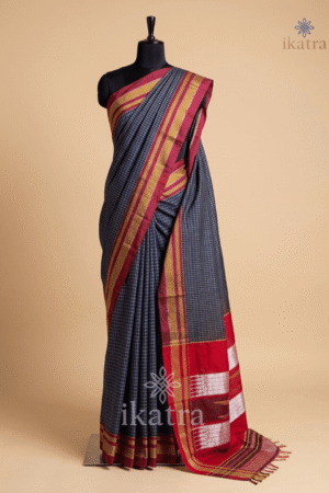 Blue And Red Yellow lines Tradional Ilkal Saree With Chikki Paras Border | ikatra