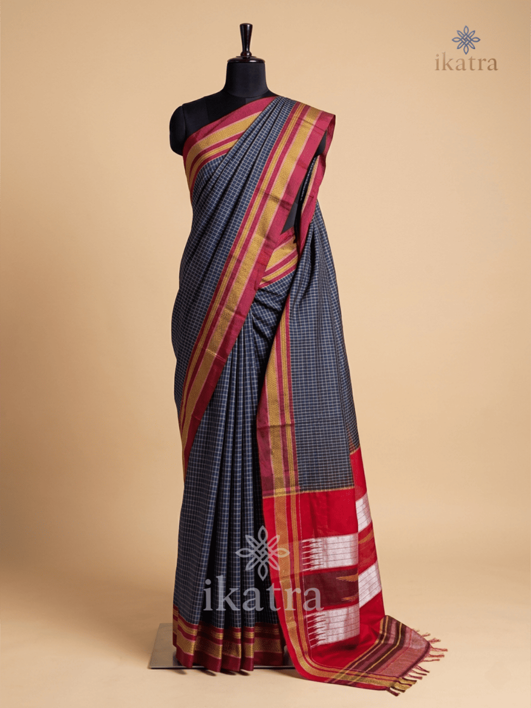 Blue And Red Yellow lines Tradional Ilkal Saree With Chikki Paras Border | ikatra
