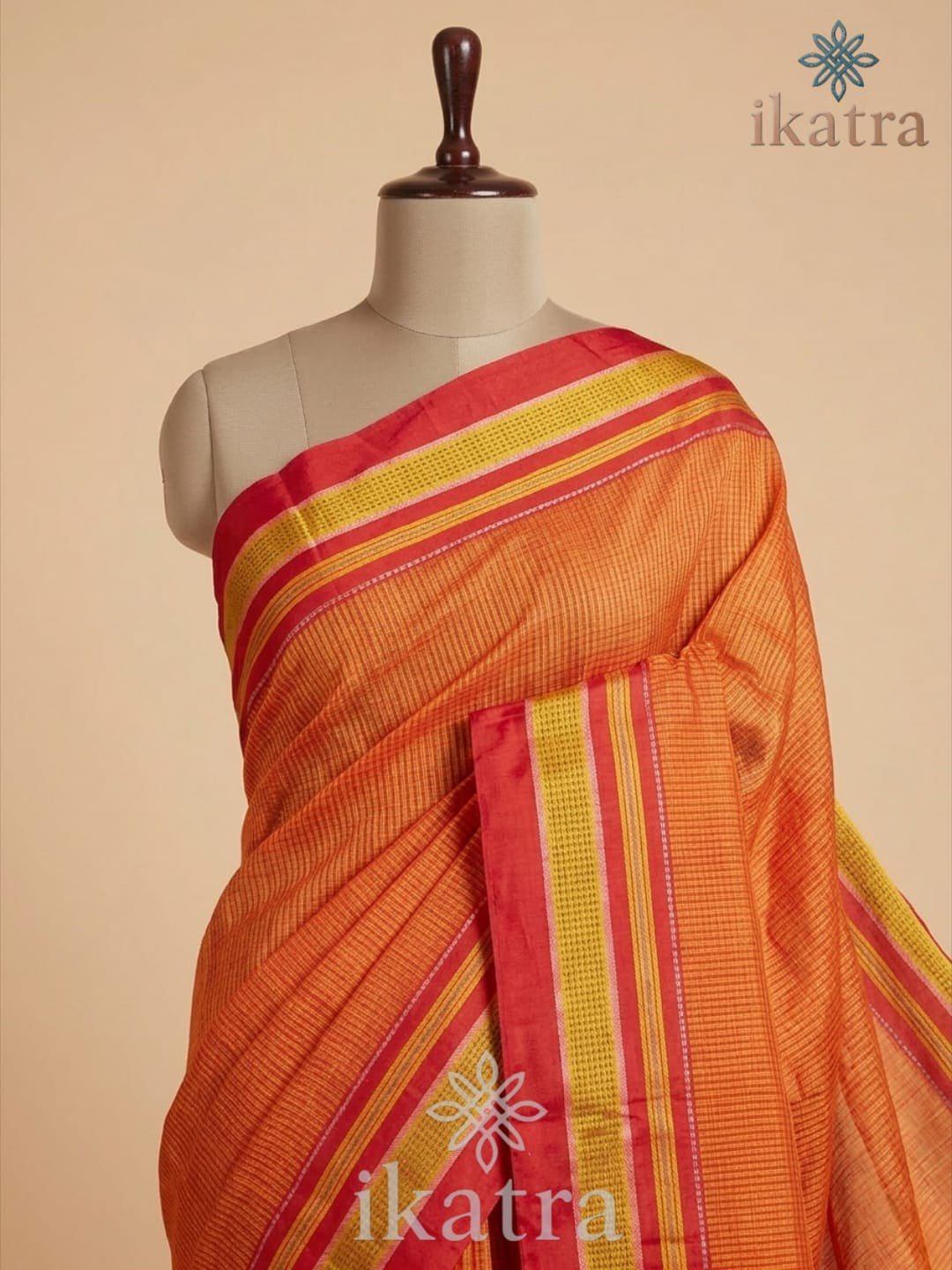 Orange cheks Tradional Ilkal Saree With Chikki Paras Border | ikatra - Image 2