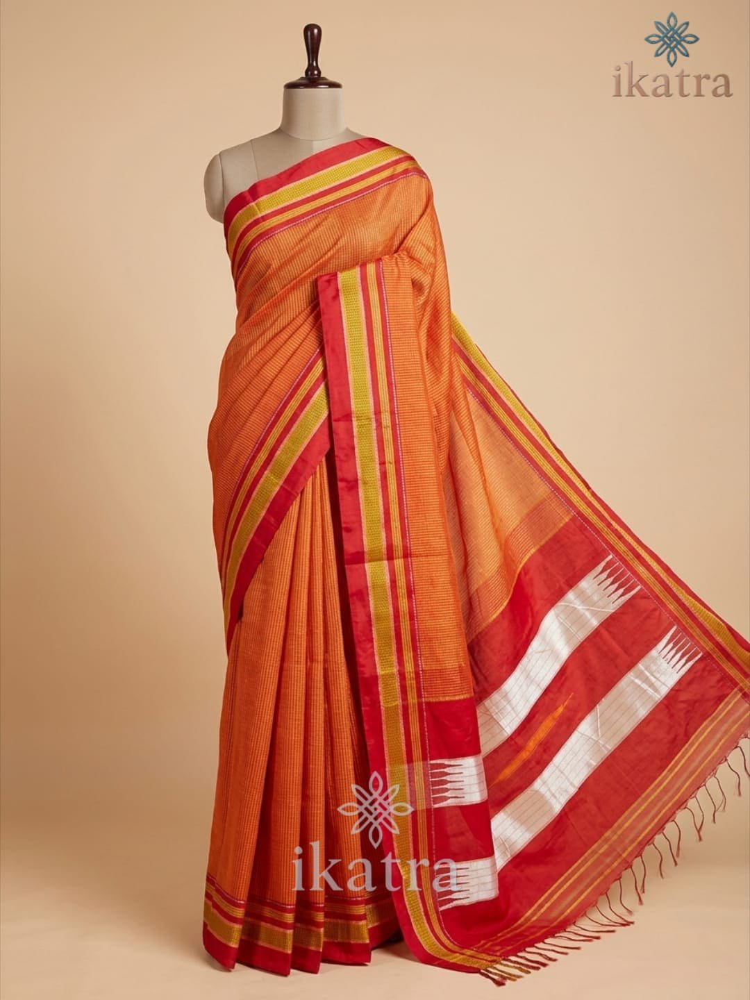 Orange cheks Tradional Ilkal Saree With Chikki Paras Border | ikatra