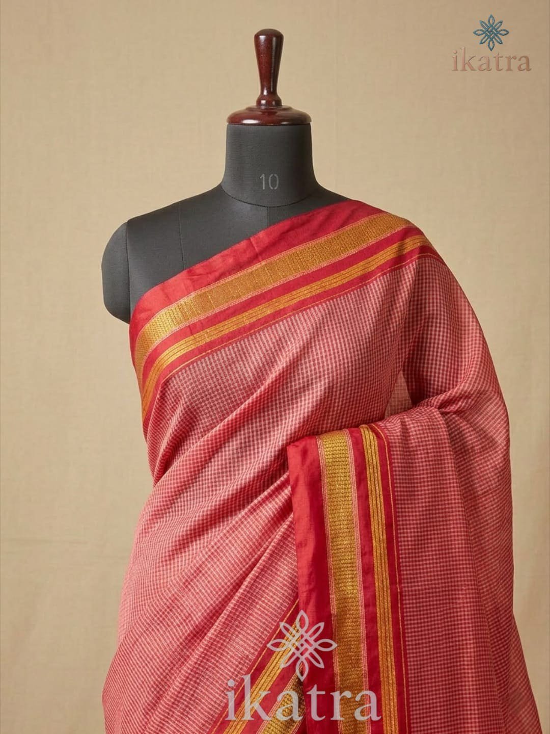 Red And Pink Checks Tradional Ilkal Saree With Chikki Paras Border | ikatra - Image 2