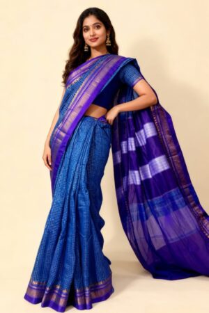 Blue Tana Kaddi  ZARI Checks Ilkal Saree | ikatra