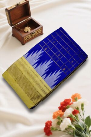 BLUE Temple Border Zari Checks With Butta Saree