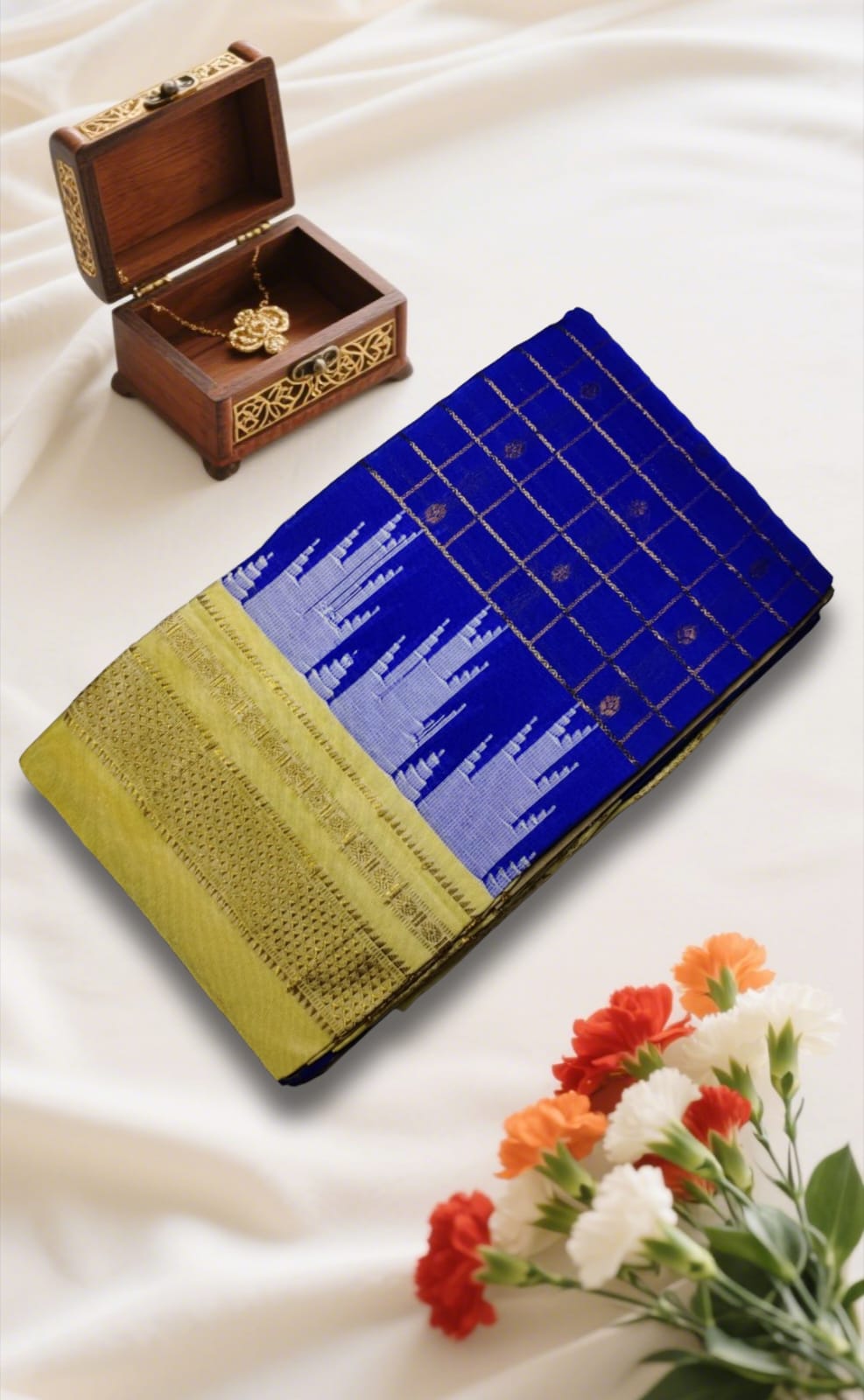 BLUE Temple Border Zari Checks With Butta Saree