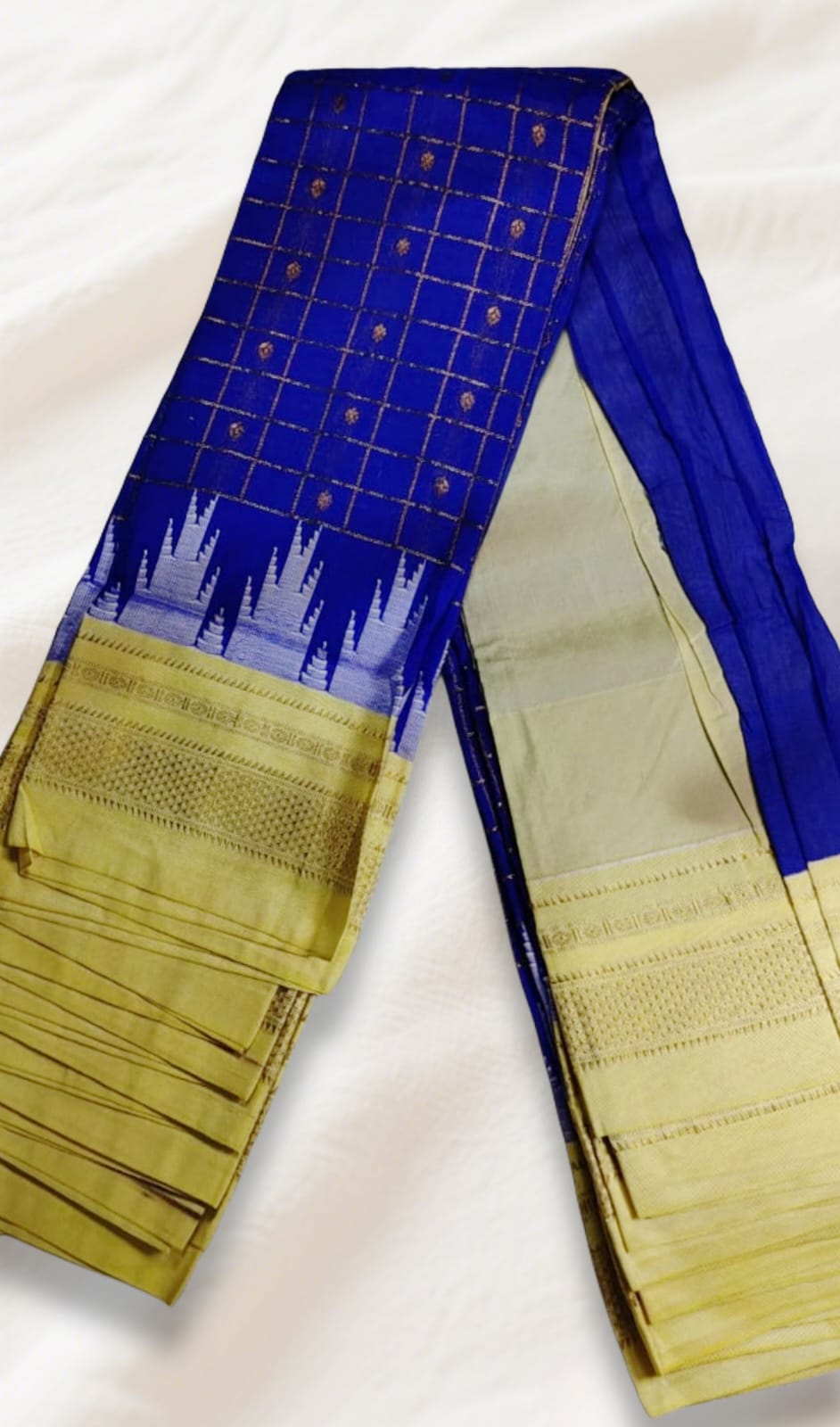 BLUE Temple Border Zari Checks With Butta Saree - Image 2