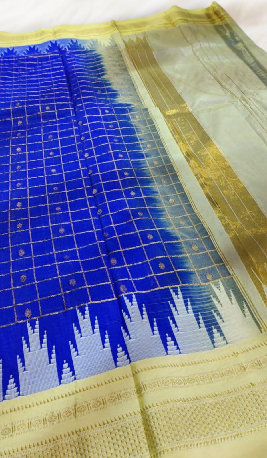 BLUE Temple Border Zari Checks With Butta Saree - Image 3