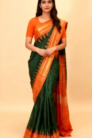 Orange green Temple Border with Chikki Paras  Zari Checks ilkal Saree