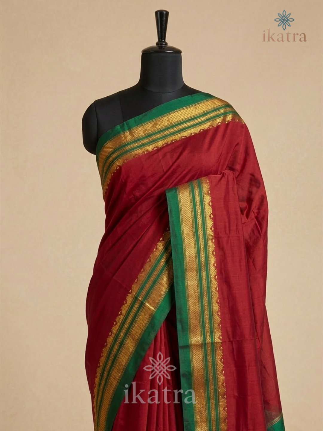 Deep Red Tana Warp Ilkal Saree With Silk Pallu | ikatra - Image 3