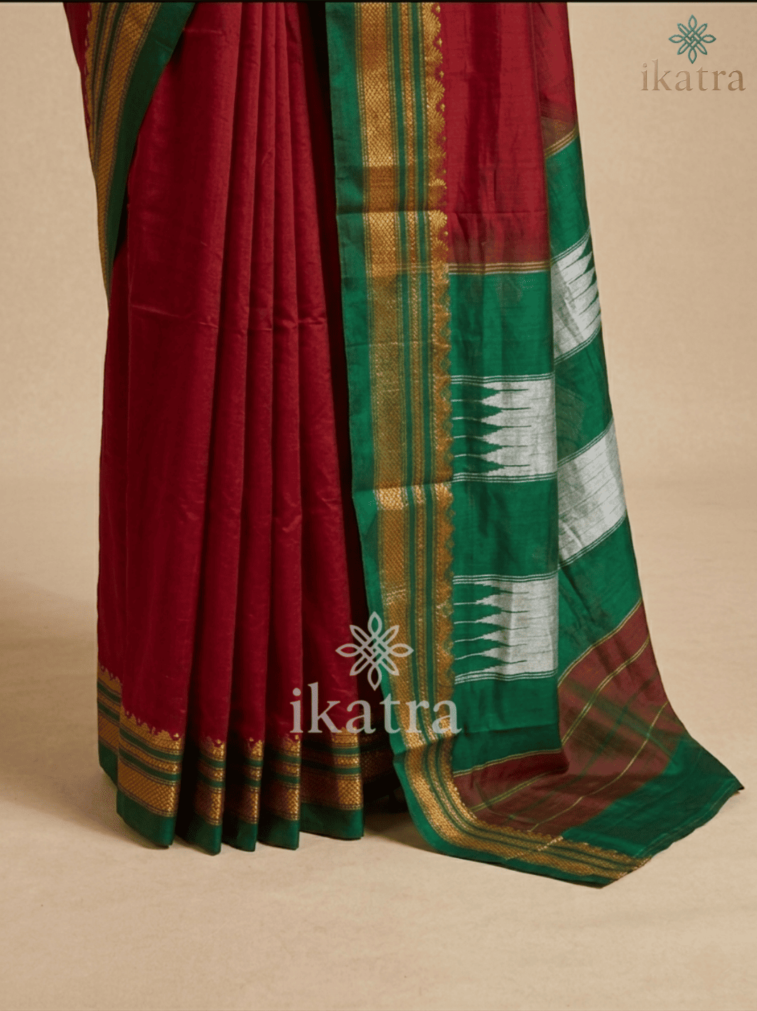 Deep Red Tana Warp Ilkal Saree With Silk Pallu | ikatra - Image 4