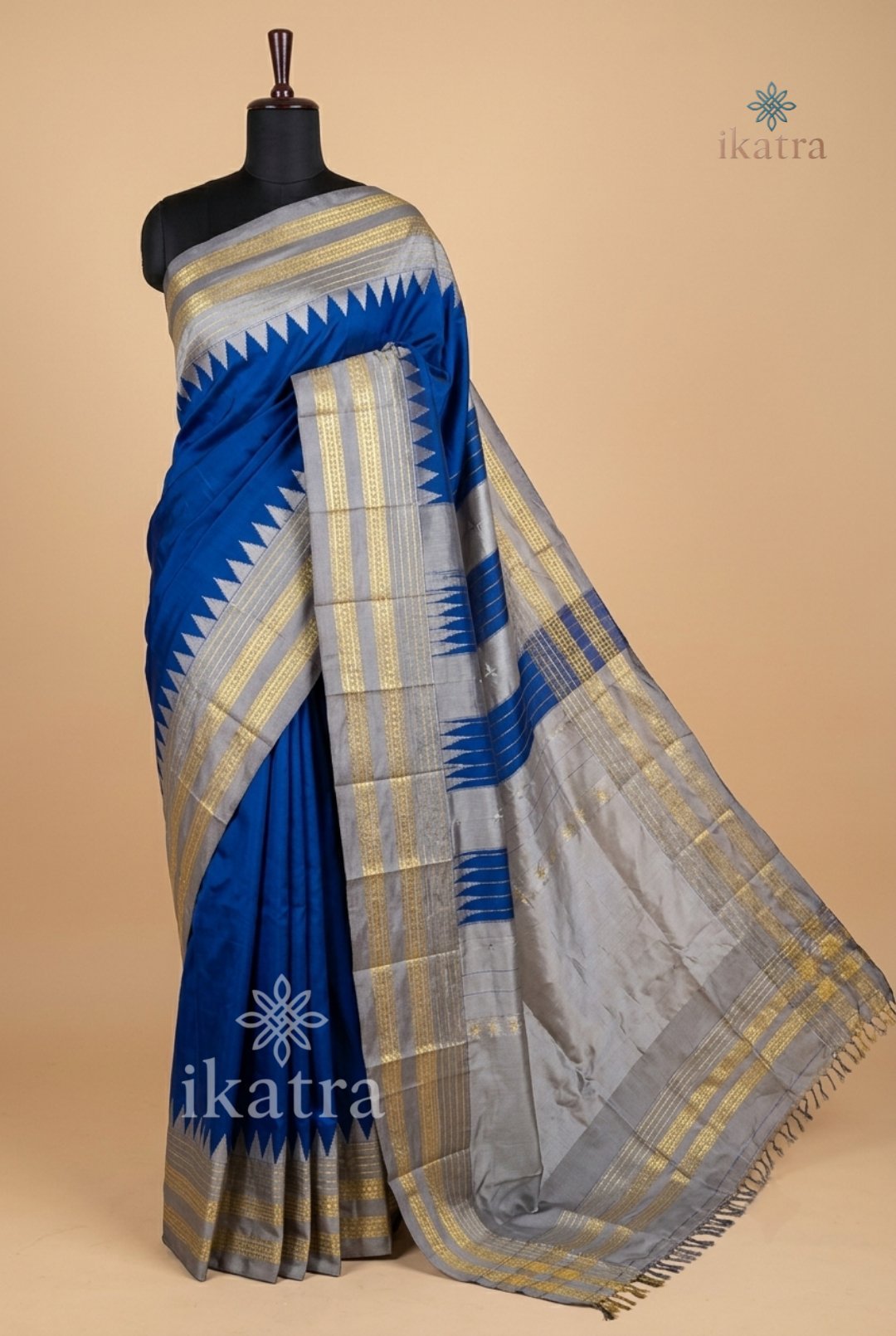 Navy Blue Horizontal Jari Patti Big Temple Border Ilkal Saree
