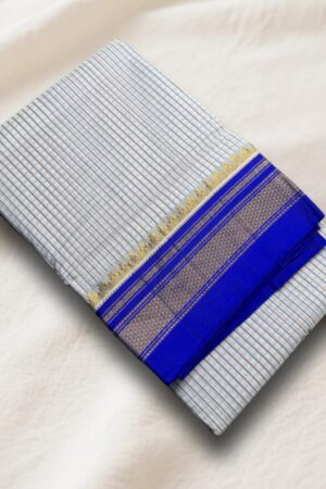 White and Blue Ilkal Small Check Cotton Silk Saree