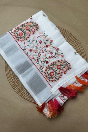 White Embroidery Work Saree – Elegant Floral Cotton Blend