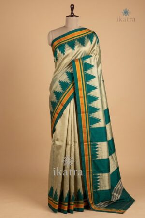 Cream And green Pure Silk Handloom Ilkal Saree
