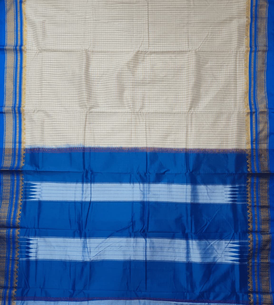 Light Cream And DkyBlue Ilkal Small Check Cotton Silk Saree - Image 2