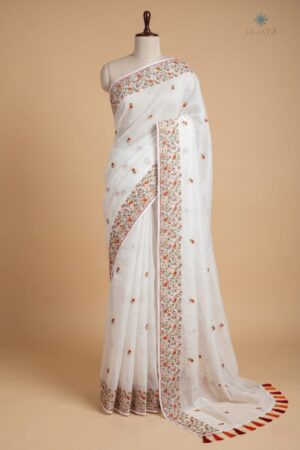 White Embroidery Work Saree – Elegant Floral Design in Soft Cotton Blend