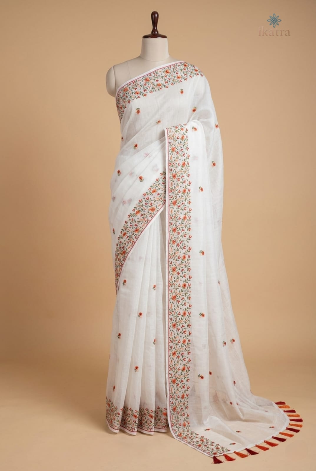 White Embroidery Work Saree – Elegant Floral Design in Soft Cotton Blend