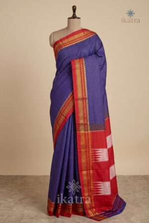 Blue and red Ilkal Small Check Cotton Silk Saree