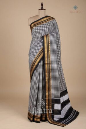 balck and gold Ilkal Small Check Cotton Silk Saree