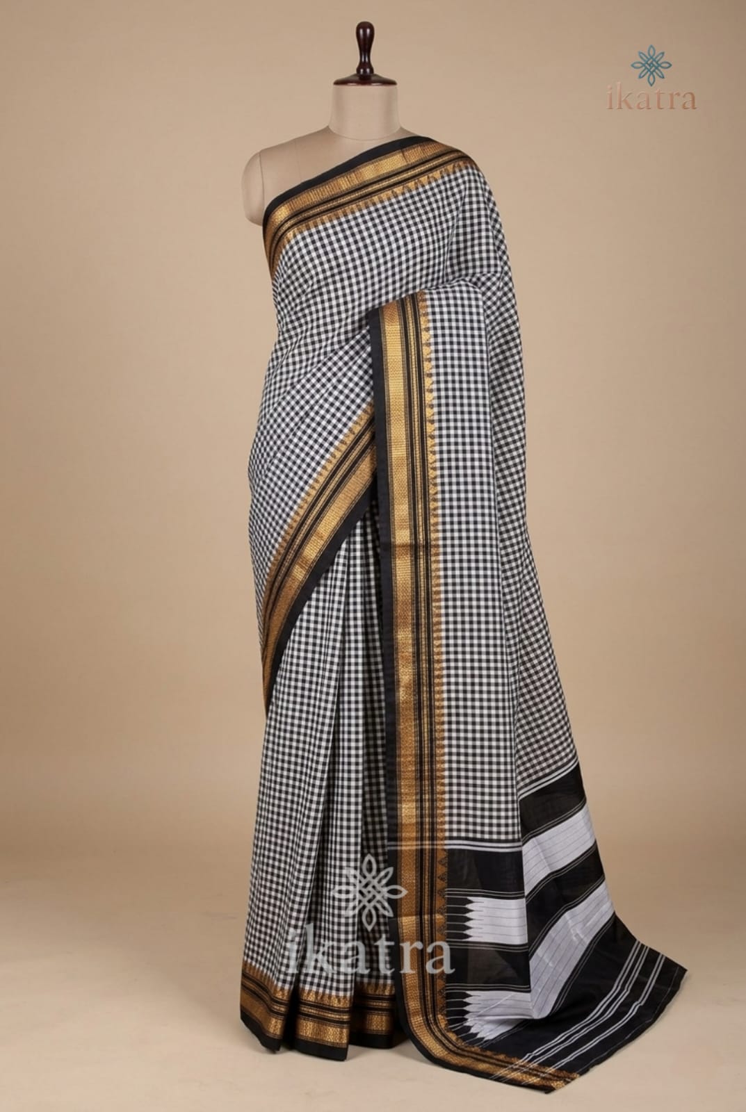 balck and gold Ilkal Small Check Cotton Silk Saree