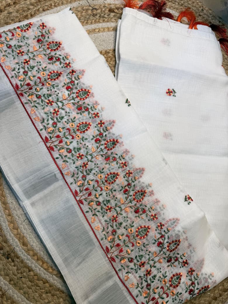 White Embroidery Work Saree – Elegant Floral Design in Soft Cotton Blend - Image 3