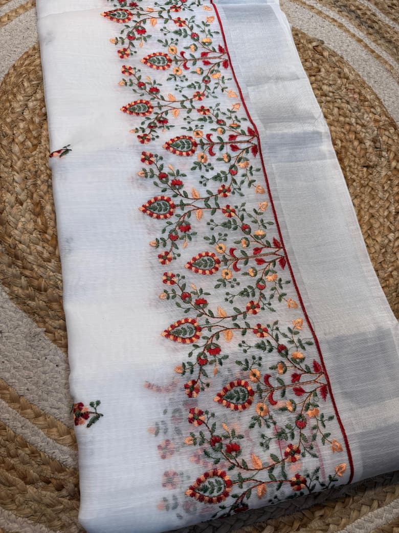 White Embroidery Work Saree – Elegant Floral Design in Soft Cotton Blend - Image 2