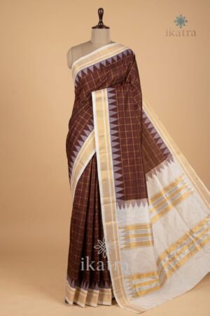 Chocolate And White Mulberry Semi Silk Ilkal Saree With Rich Pure Silk Tope Pallu