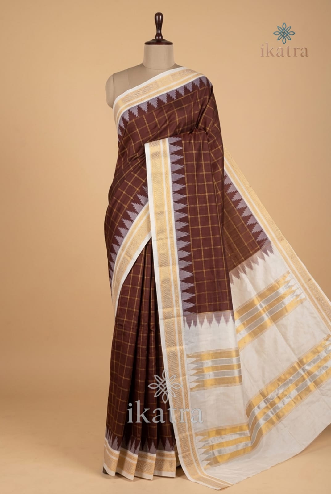 Chocolate And White Mulberry Semi Silk Ilkal Saree With Rich Pure Silk Tope Pallu