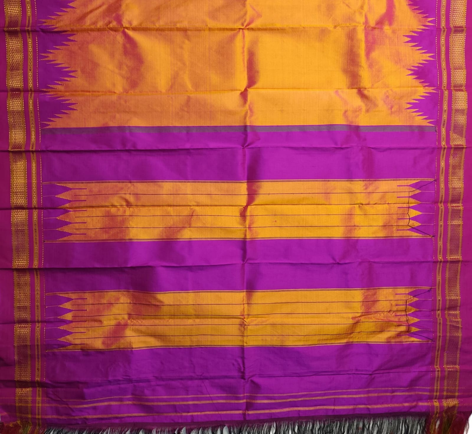 Mustard yellow and purple Pure Silk Handloom Ilkal Saree - Image 3