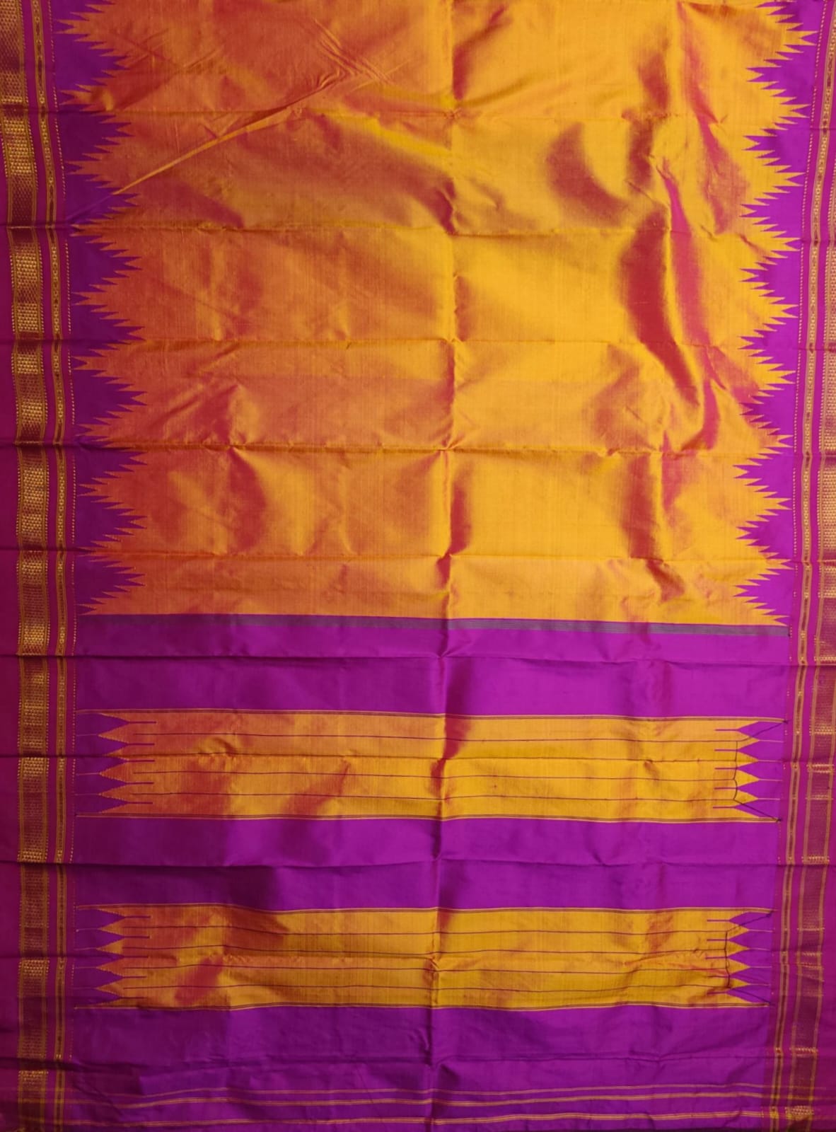 Mustard yellow and purple Pure Silk Handloom Ilkal Saree - Image 2