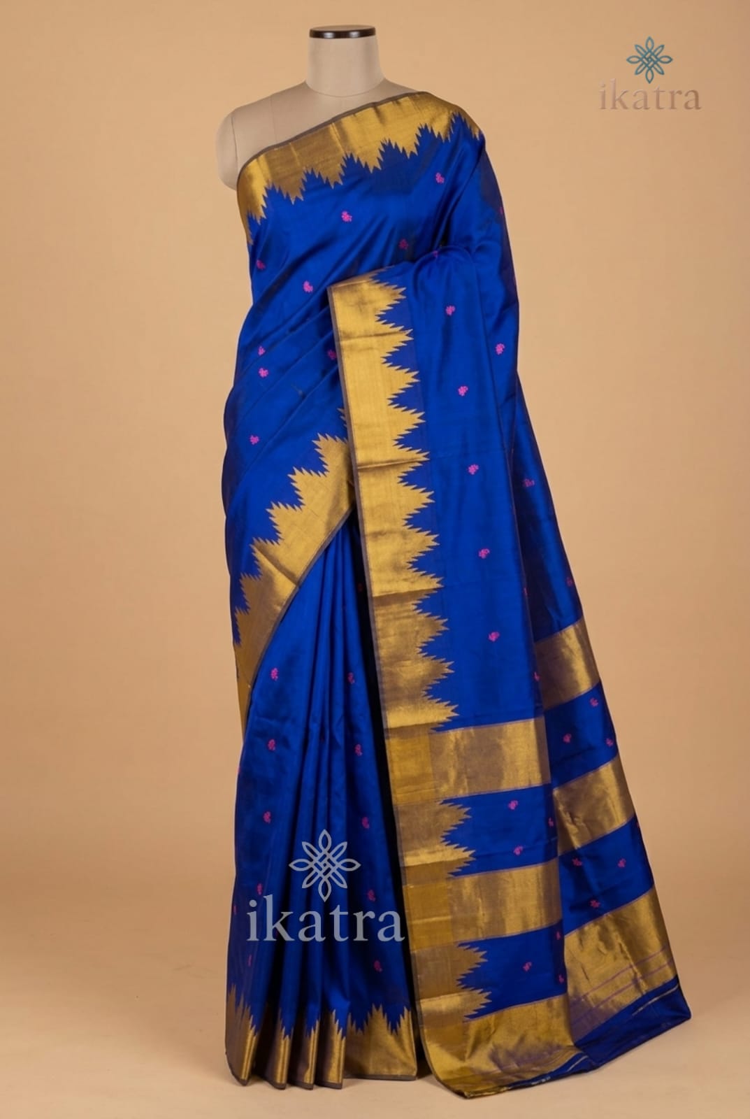 belu and gold Butta Pure Silk Handloom Ilkal Saree