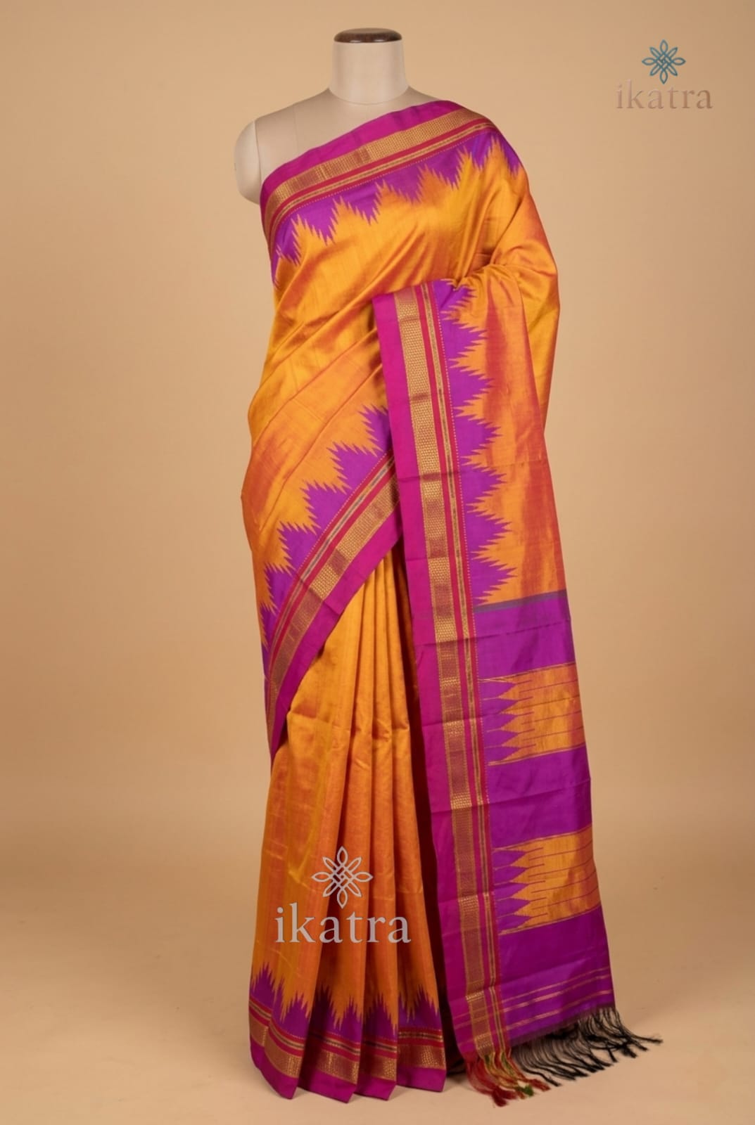 Mustard yellow and purple Pure Silk Handloom Ilkal Saree